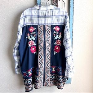 Andree Plaid Button Front Top, Embroidered Back